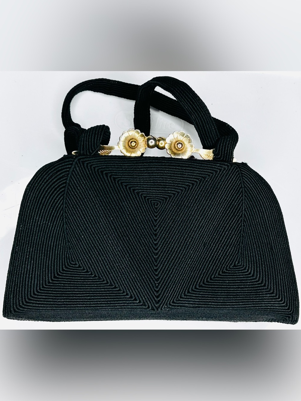 Vintage Black Corde Purse 40s/50s Floral Kiss Clasp Small Evening Bag